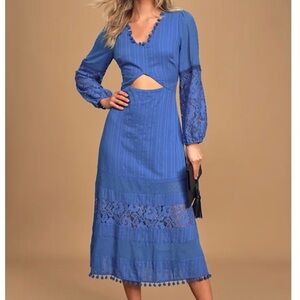 Lulu's Blue Menagerie Blue Lace Cutout Long Sleeve Midi Dress
